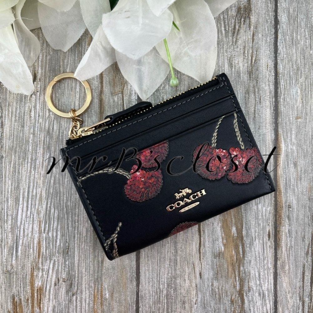 Coach Mini Skinny Id Case With Cherry Print Wallet Bag Purse